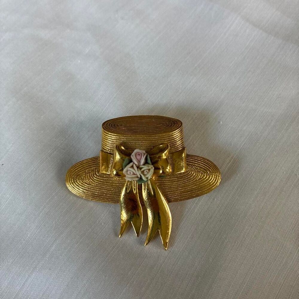 Vintage MFA Museum of Fine Arts Boston Gold Straw Hat Brooch
